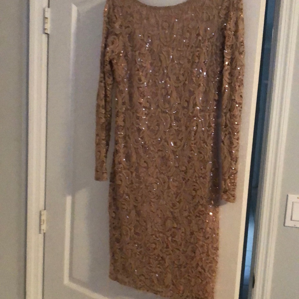 Beige cocktail dress with gold sequins detail